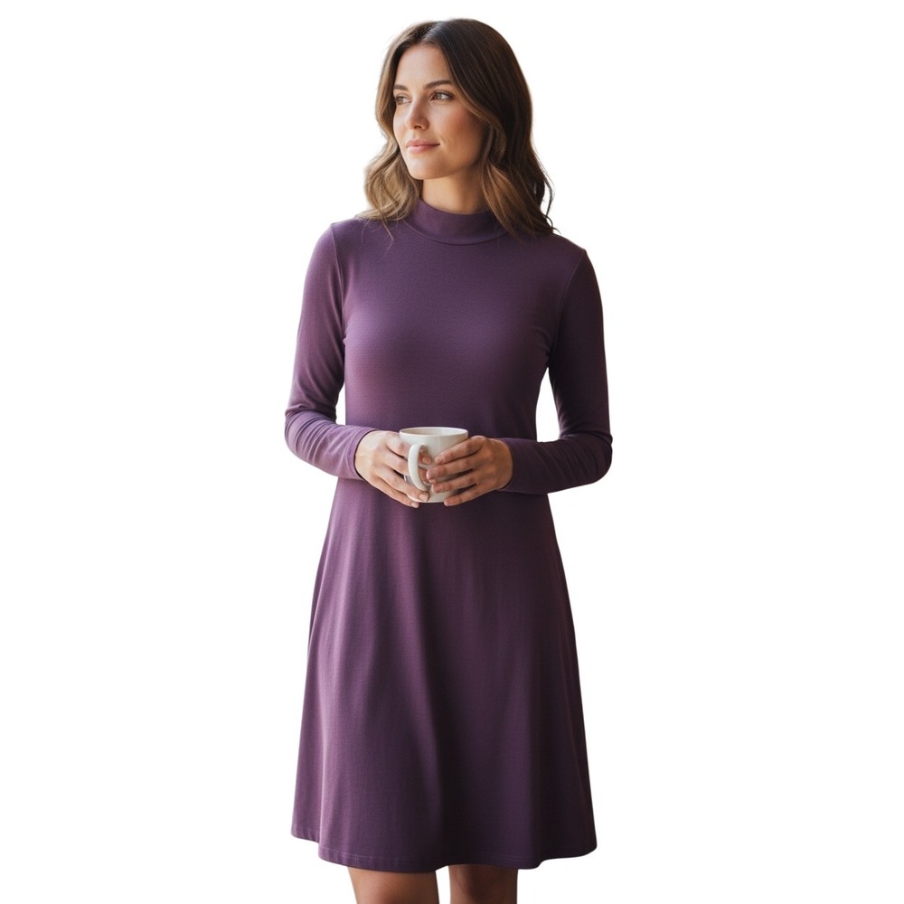 Vince‎ Mock Neck Long Sleeve A-Line Dress Purple Modal Blend  Womens XS
